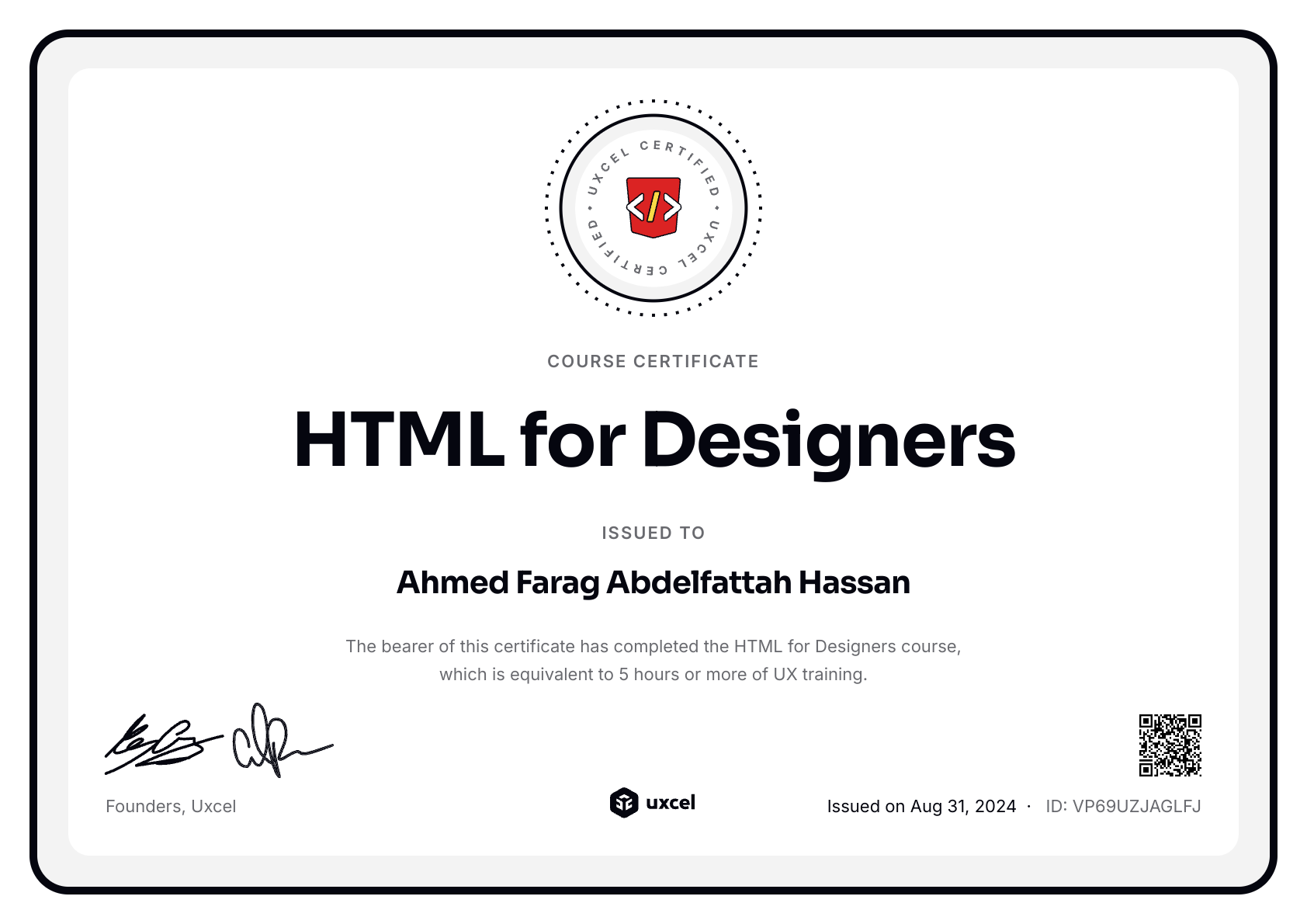 Ahmed Farag Abdelfattah Hassan's certificate